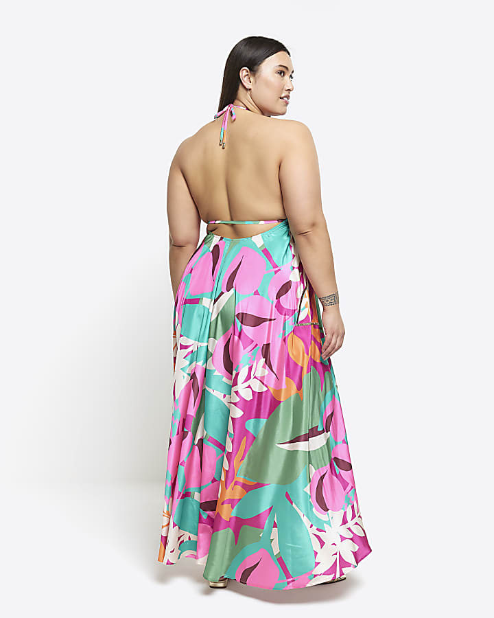 Plus purple floral open back beach maxi dress