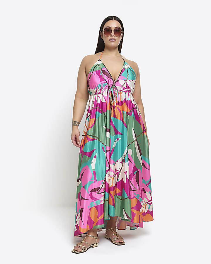 Plus purple floral open back beach maxi dress