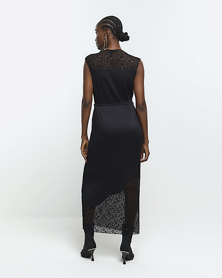 Black plisse lace slip midi dress