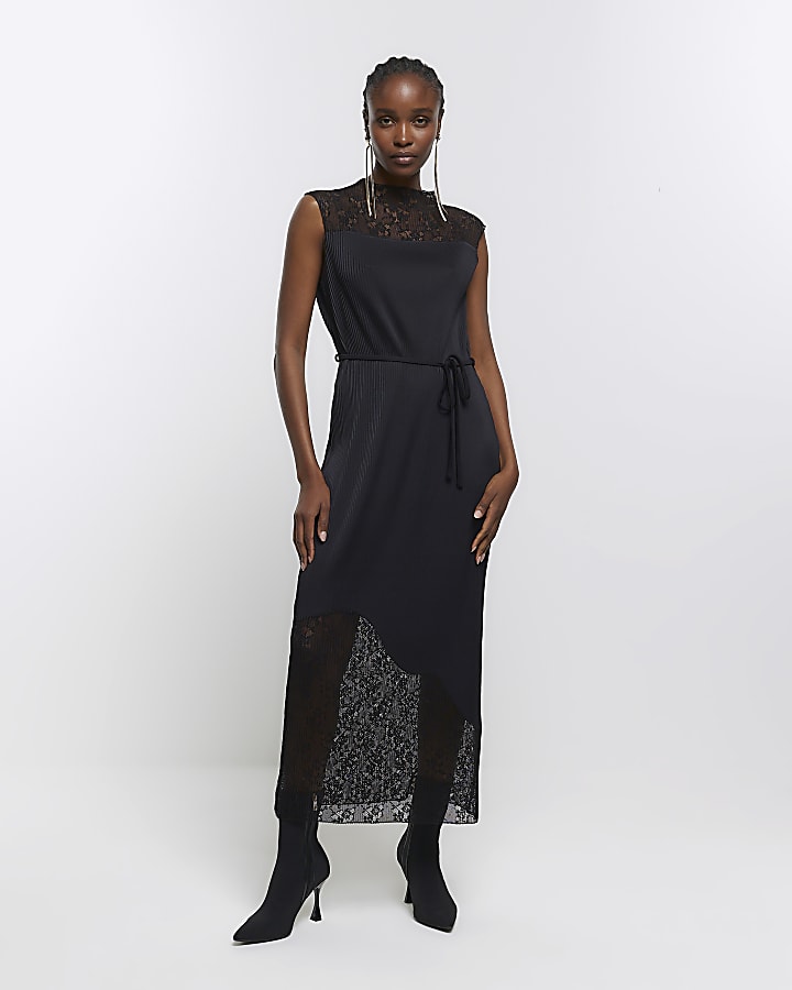 Black plisse lace slip midi dress