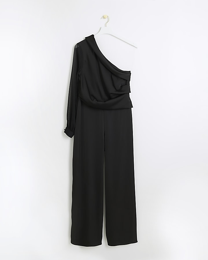 Black satin one shoulder wide leg jumpsuit