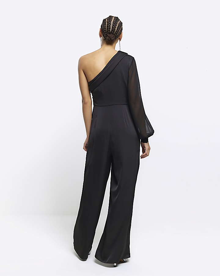 Black satin one shoulder wide leg jumpsuit