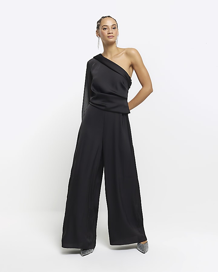 Black satin one shoulder wide leg jumpsuit