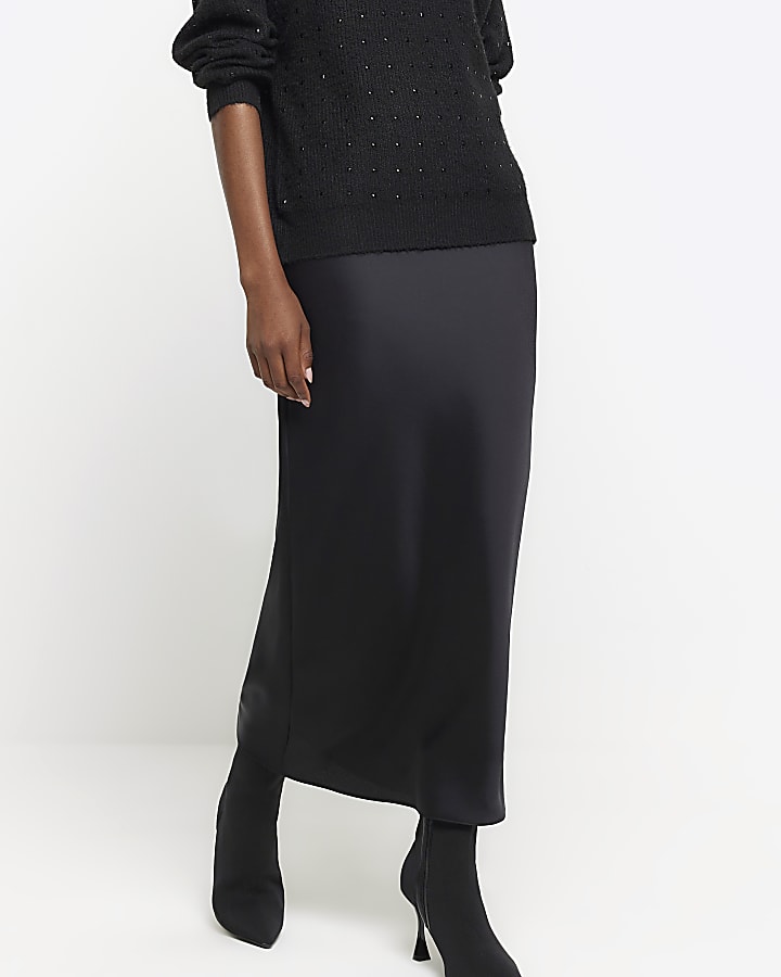 Black satin maxi skirt