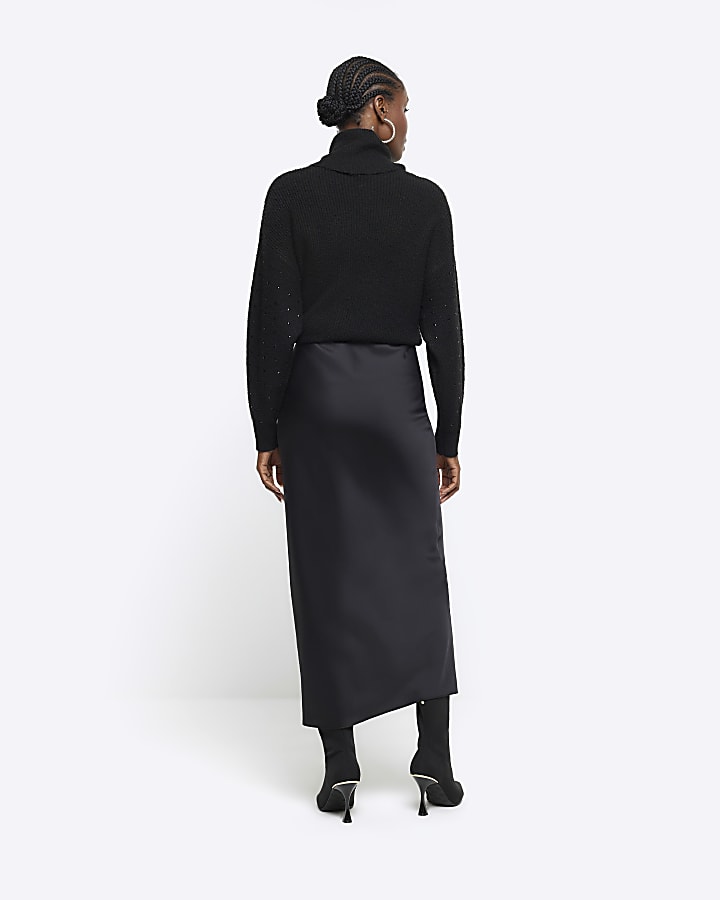 Black satin maxi skirt