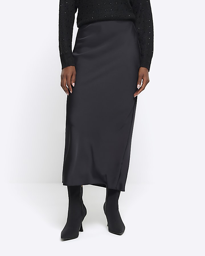Black satin maxi skirt