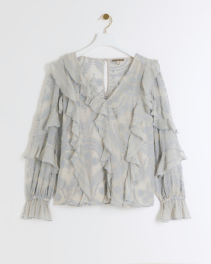 Blue frill fluted cuff blouse