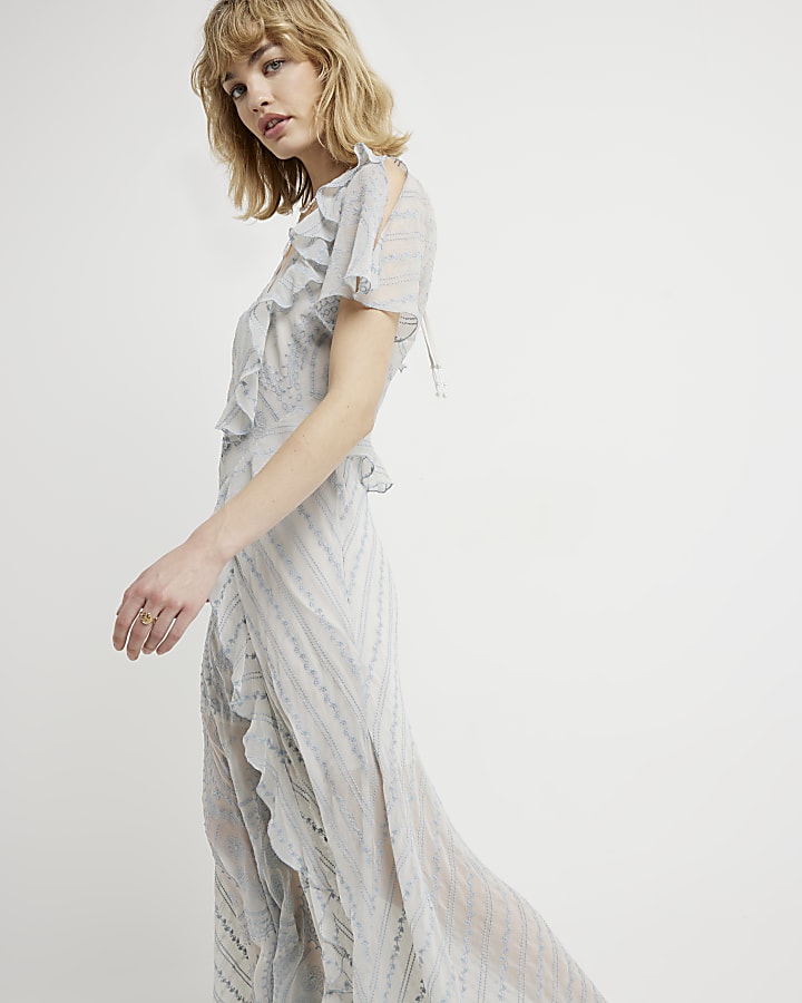 Blue Broderie Frill Swing Midi Dress