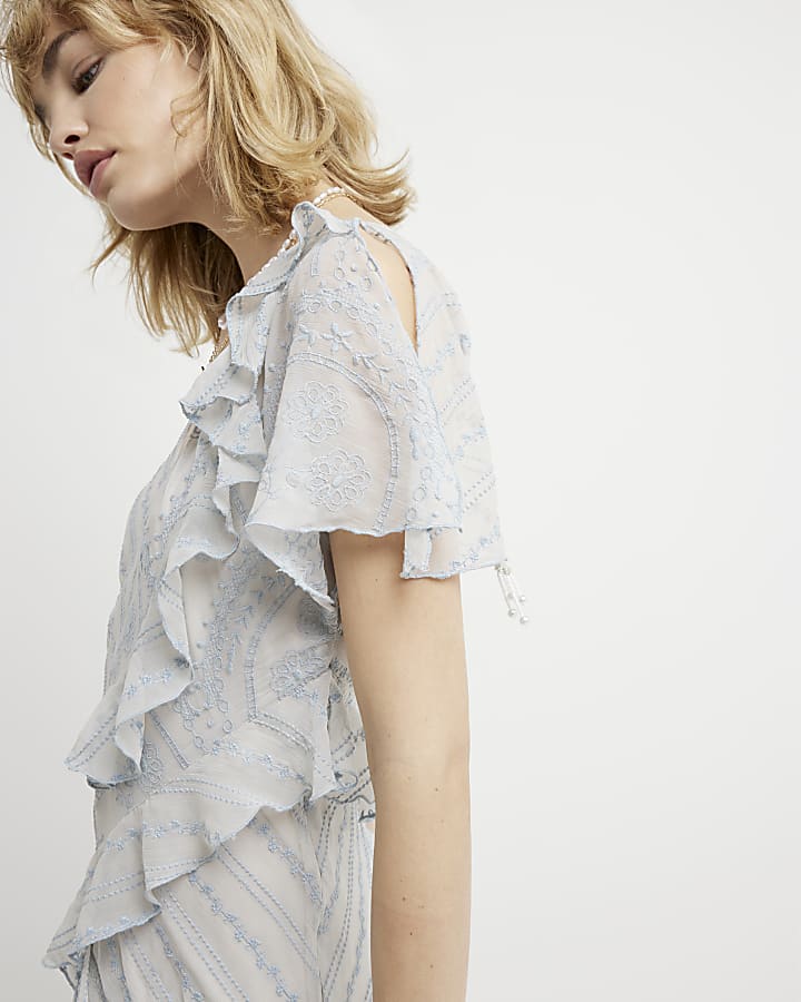 Blue Broderie Frill Swing Midi Dress