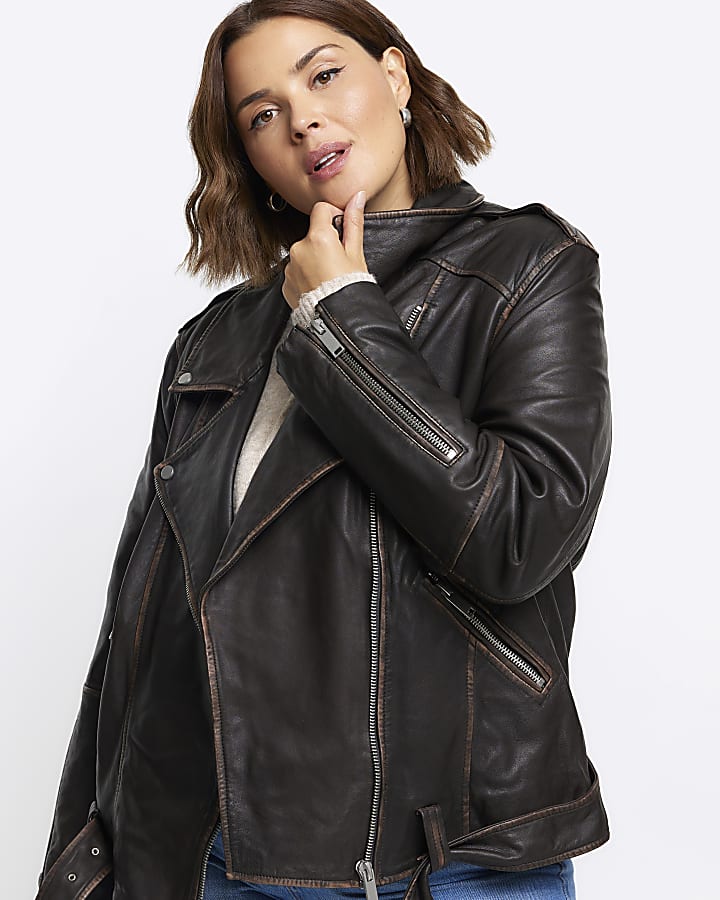 Plus brown leather oversized biker jacket