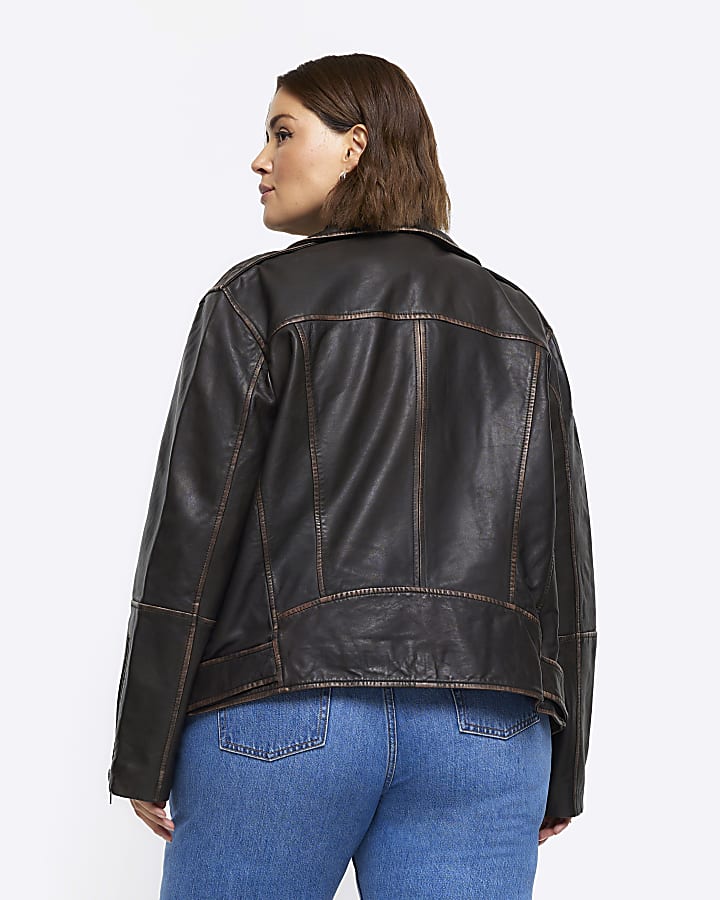 Plus brown leather oversized biker jacket