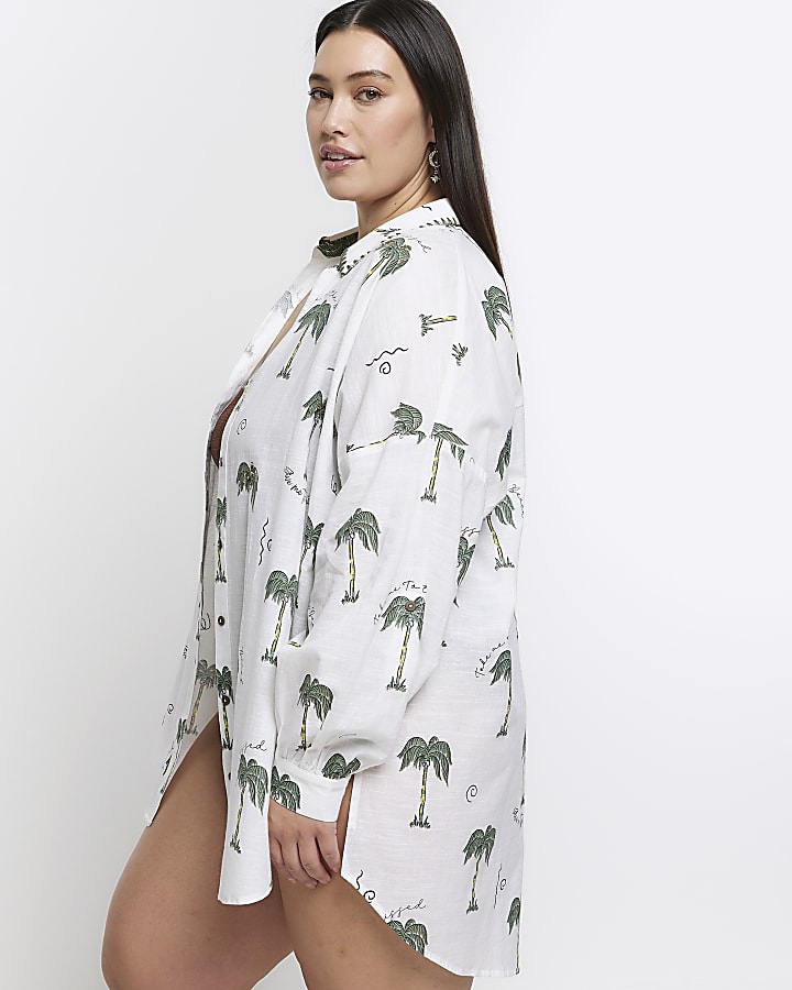 Plus white palm tree beach shirt