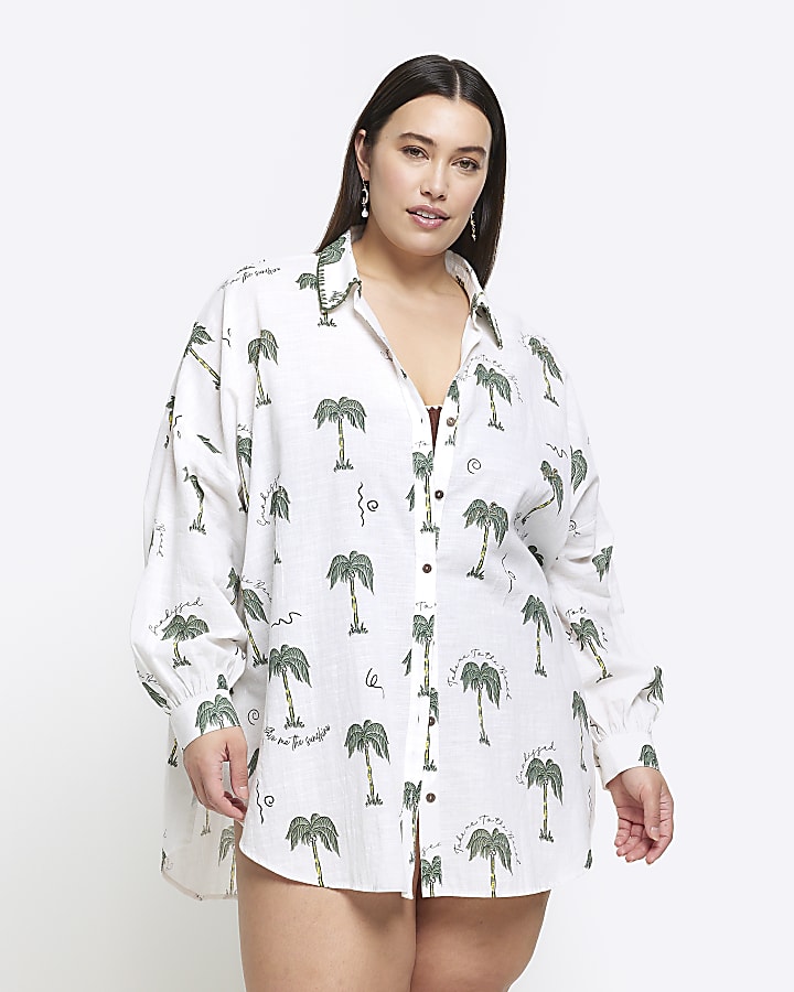 Plus white palm tree beach shirt