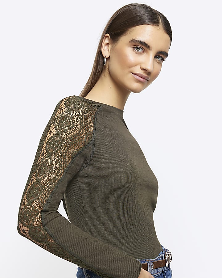 Khaki rib lace long sleeve top