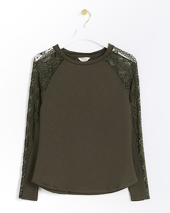 Khaki rib lace long sleeve top