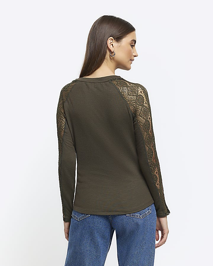 Khaki rib lace long sleeve top