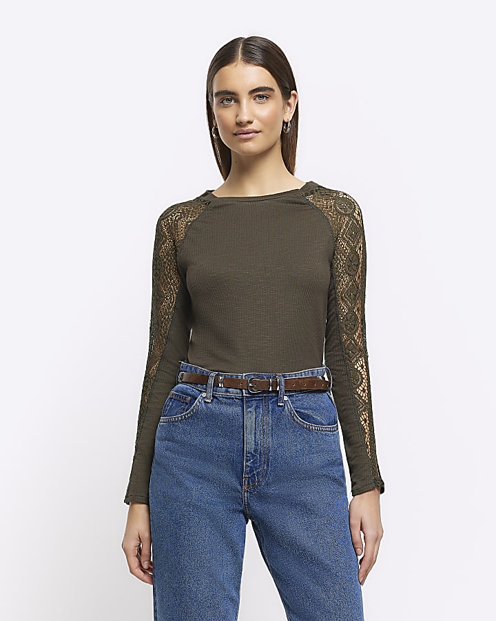 Khaki rib lace long sleeve top