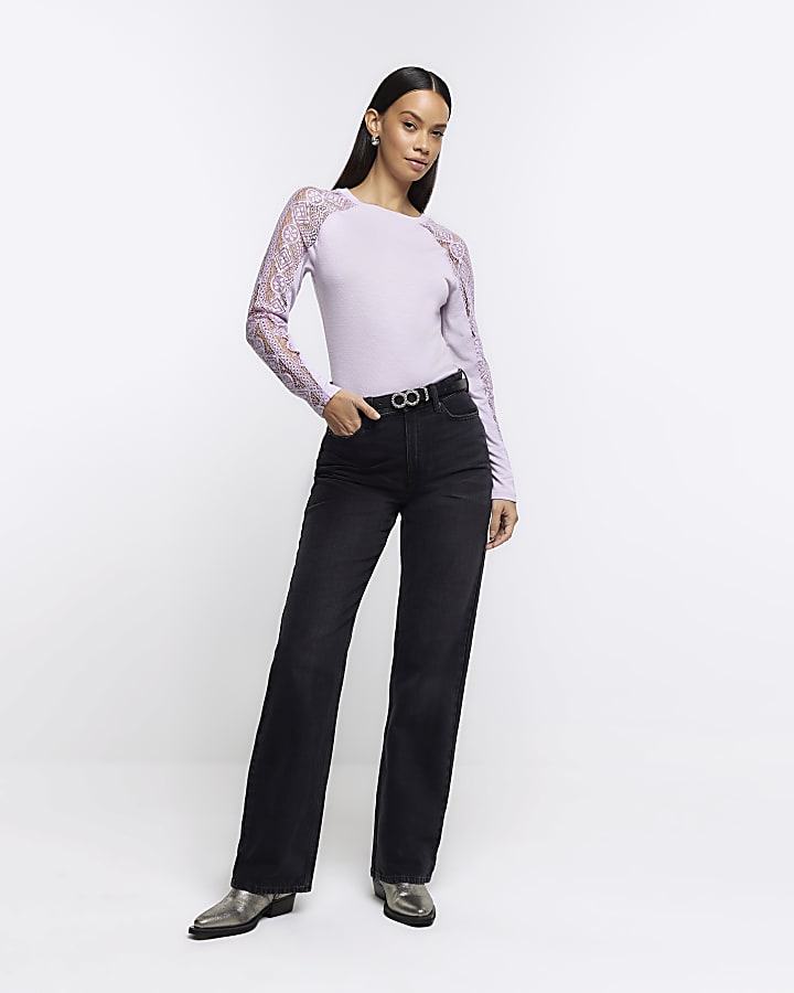 Purple rib lace long sleeve top