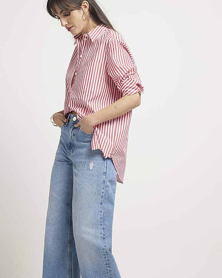 Red poplin stripe oversized shirt