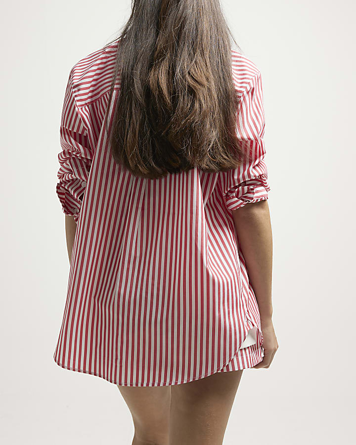 Red poplin stripe oversized shirt