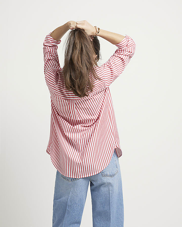 Red poplin stripe oversized shirt