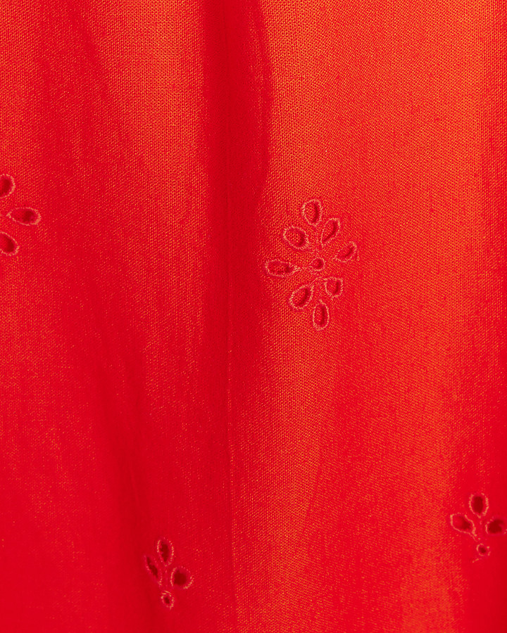 Red Linen Blend Broderie Maxi Skirt