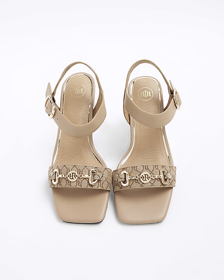 Beige chain block heeled sandals