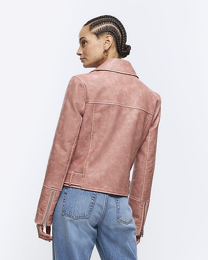 Pink faux leather distressed biker jacket
