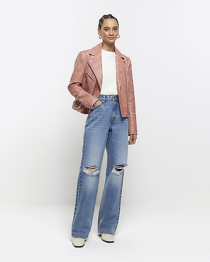 Pink faux leather distressed biker jacket