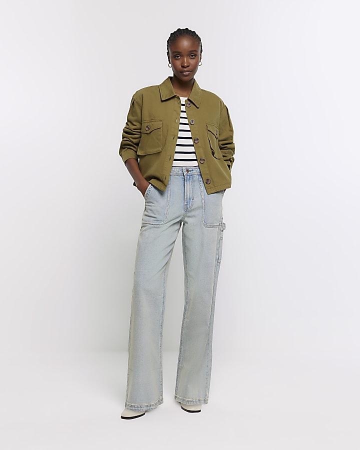 Blue high waisted wide fit cargo jeans