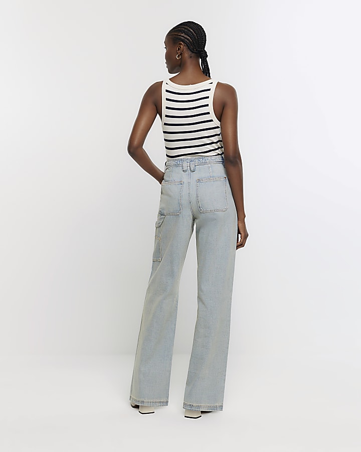 Blue high waisted wide fit cargo jeans