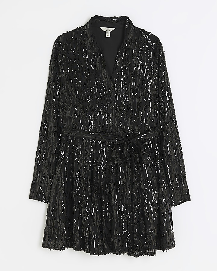 Black sequin belted mini shirt dress