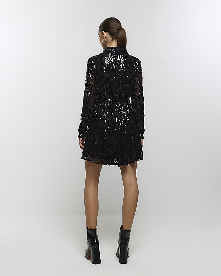 Black sequin belted mini shirt dress