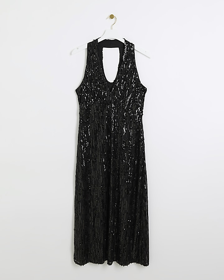 Black sequin halter neck slip midi dress