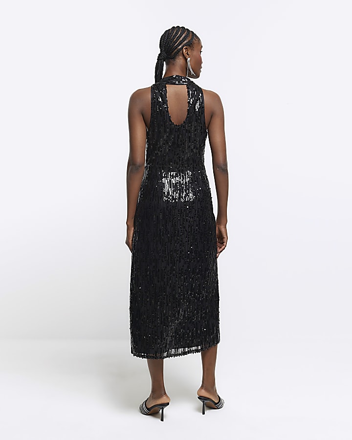 Black sequin halter neck slip midi dress