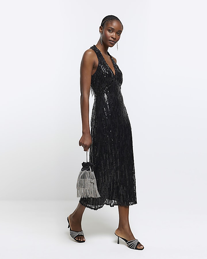 Black sequin halter neck slip midi dress