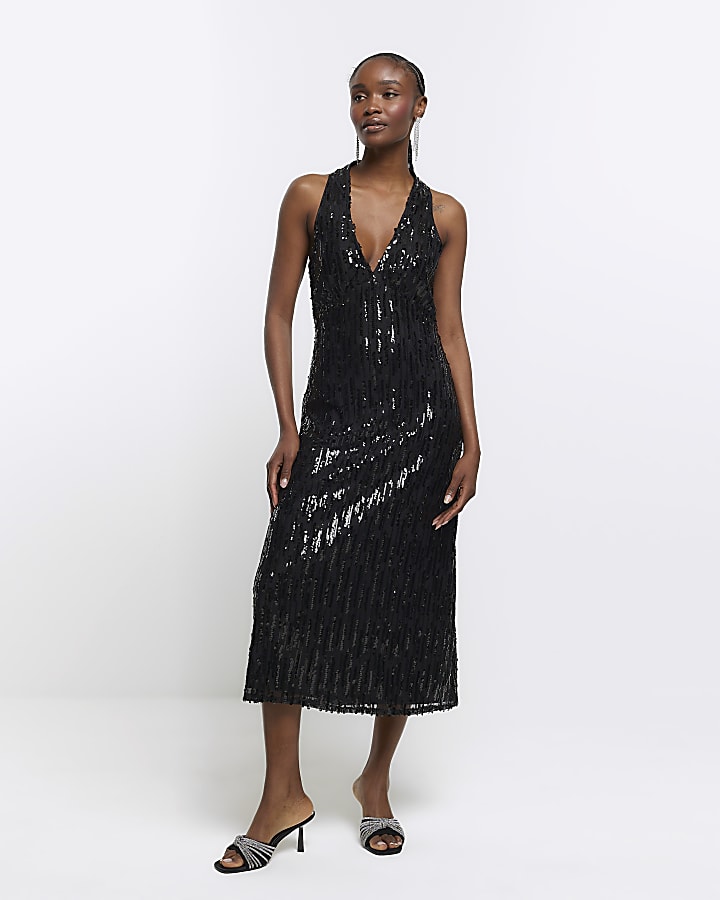 Black sequin halter neck slip midi dress