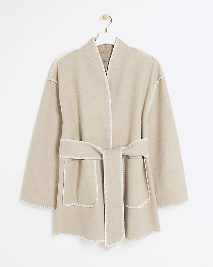 Beige stitch detail belted coat