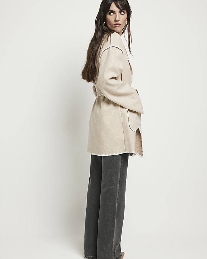 Beige stitch detail belted coat