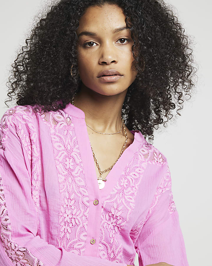 Pink lace button up blouse