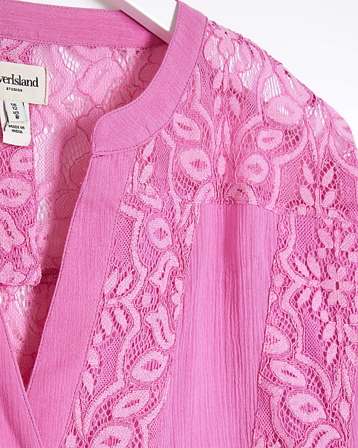 Pink lace button up blouse