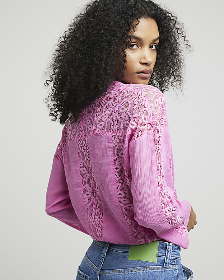 Pink lace button up blouse