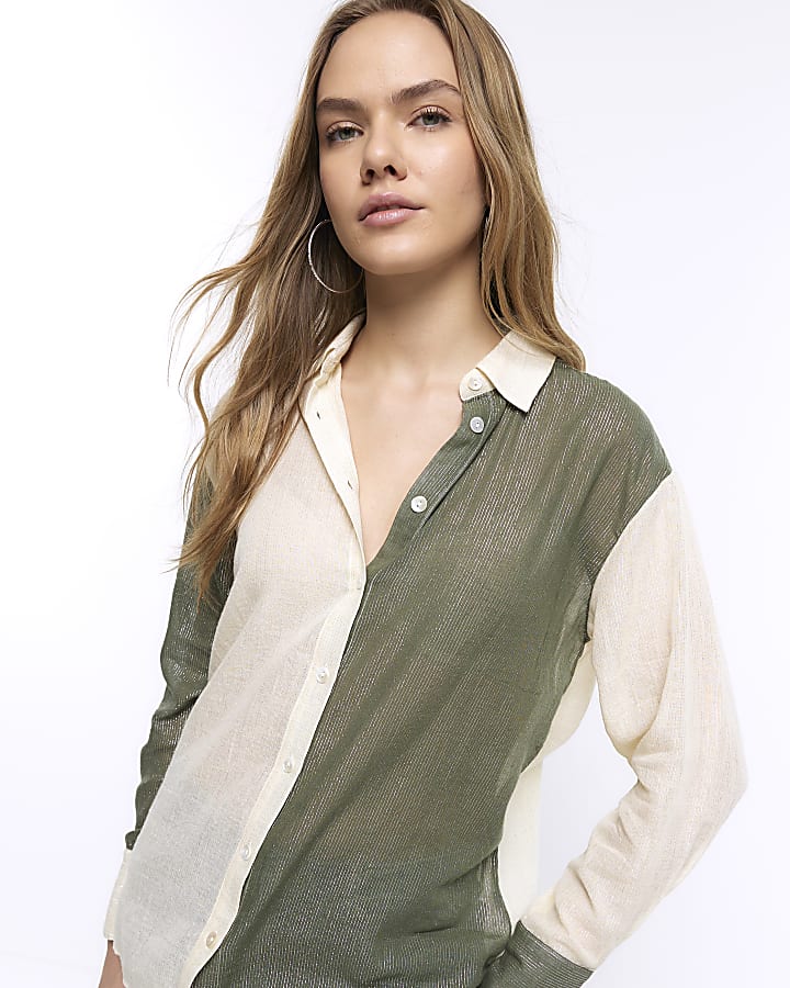 Khaki colour block glitter shirt