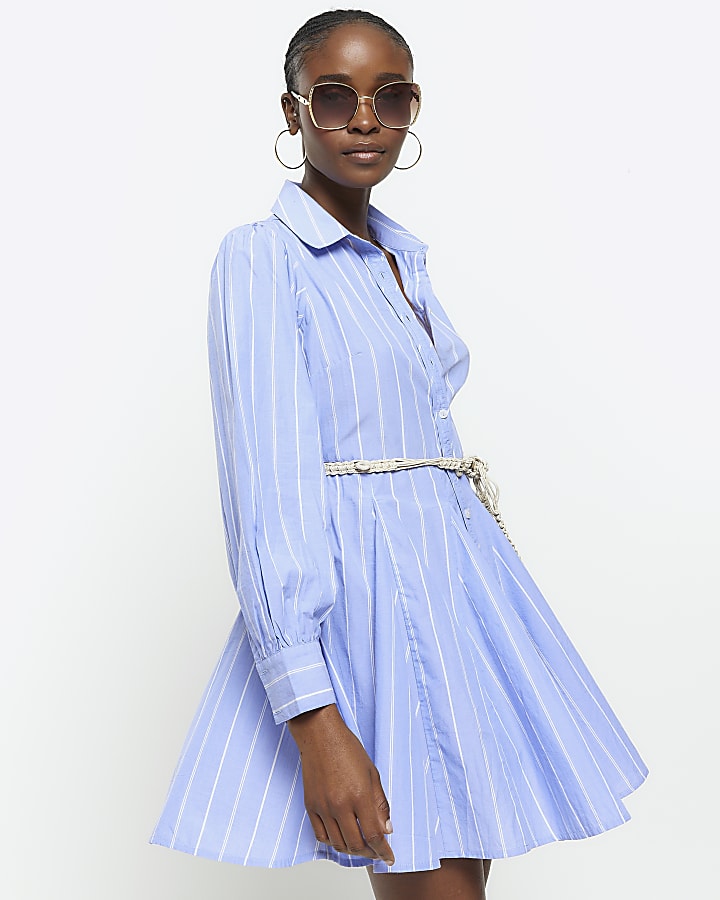 Blue stripe belted mini shirt dress