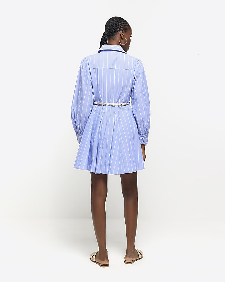 Blue stripe belted mini shirt dress