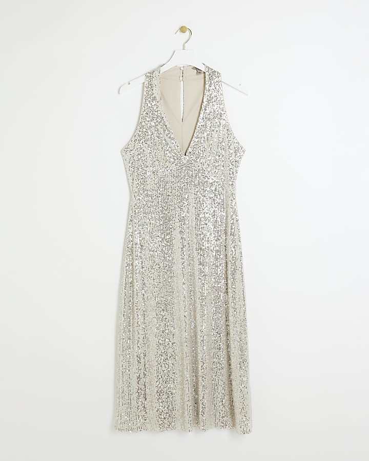 Silver sequin slip midi dress