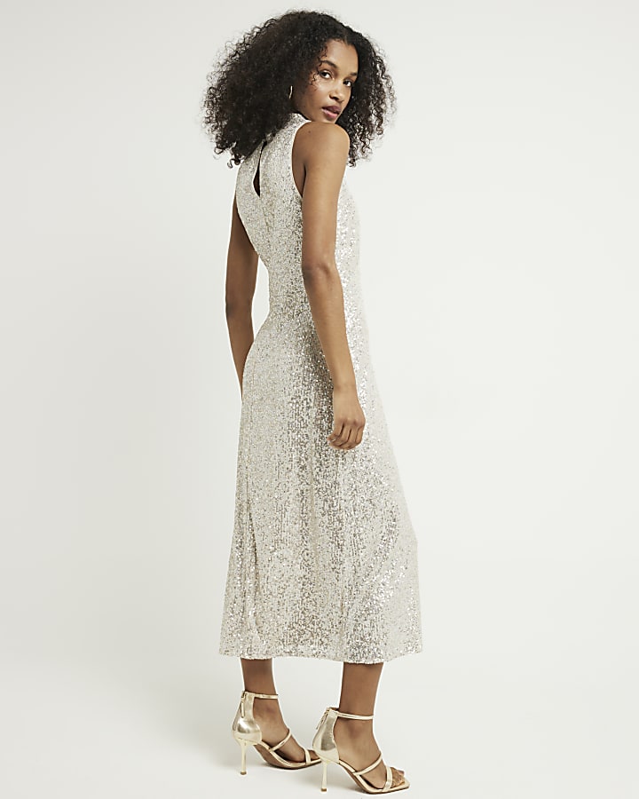 Silver sequin slip midi dress