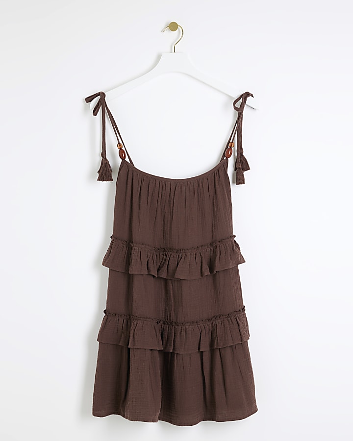 Brown bead tiered hem beach mini dress