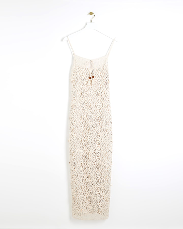 Cream crochet shell maxi beach dress