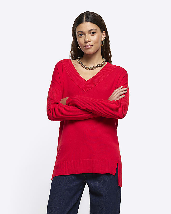 Red V neck fine knit jumper River Island